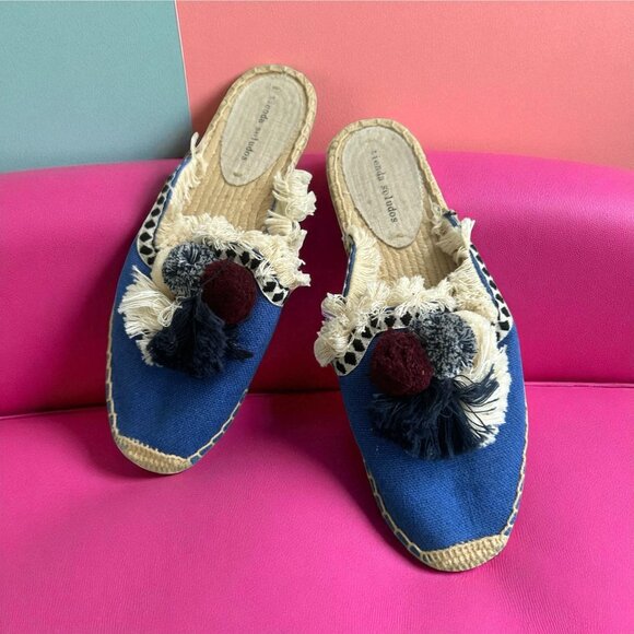 SOLUDOS Tienda Blue Pom Fringe Espadrille Flats Mules Size 8 - Picture 1 of 6